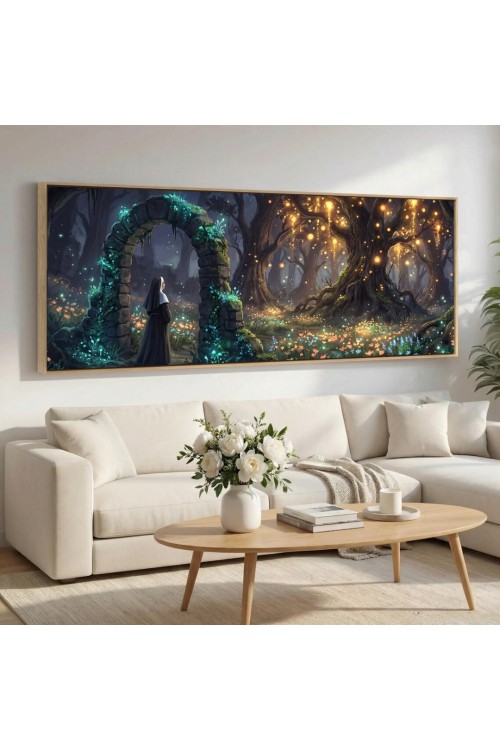 Panoramic Canvas Wall Art Nun in Moonlit Enchanted Forest