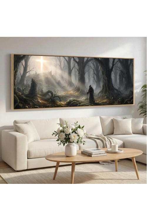 Mystic Forest Canvas Wall Art with Glowing Cross,