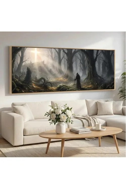 Mystic Forest Canvas Wall Art with Glowing Cross,