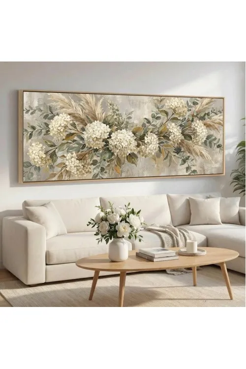 Panoramic Blue Bird & Blush Peony Framed Canvas Wall Art,